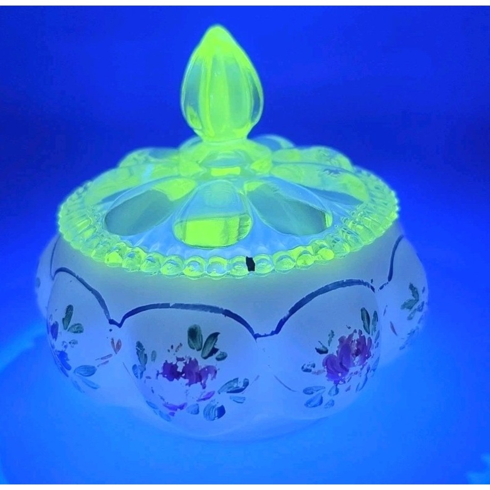 Vintage Charleton Vaseline Milk Glass Powder Box Hand Painted Roses 1940s